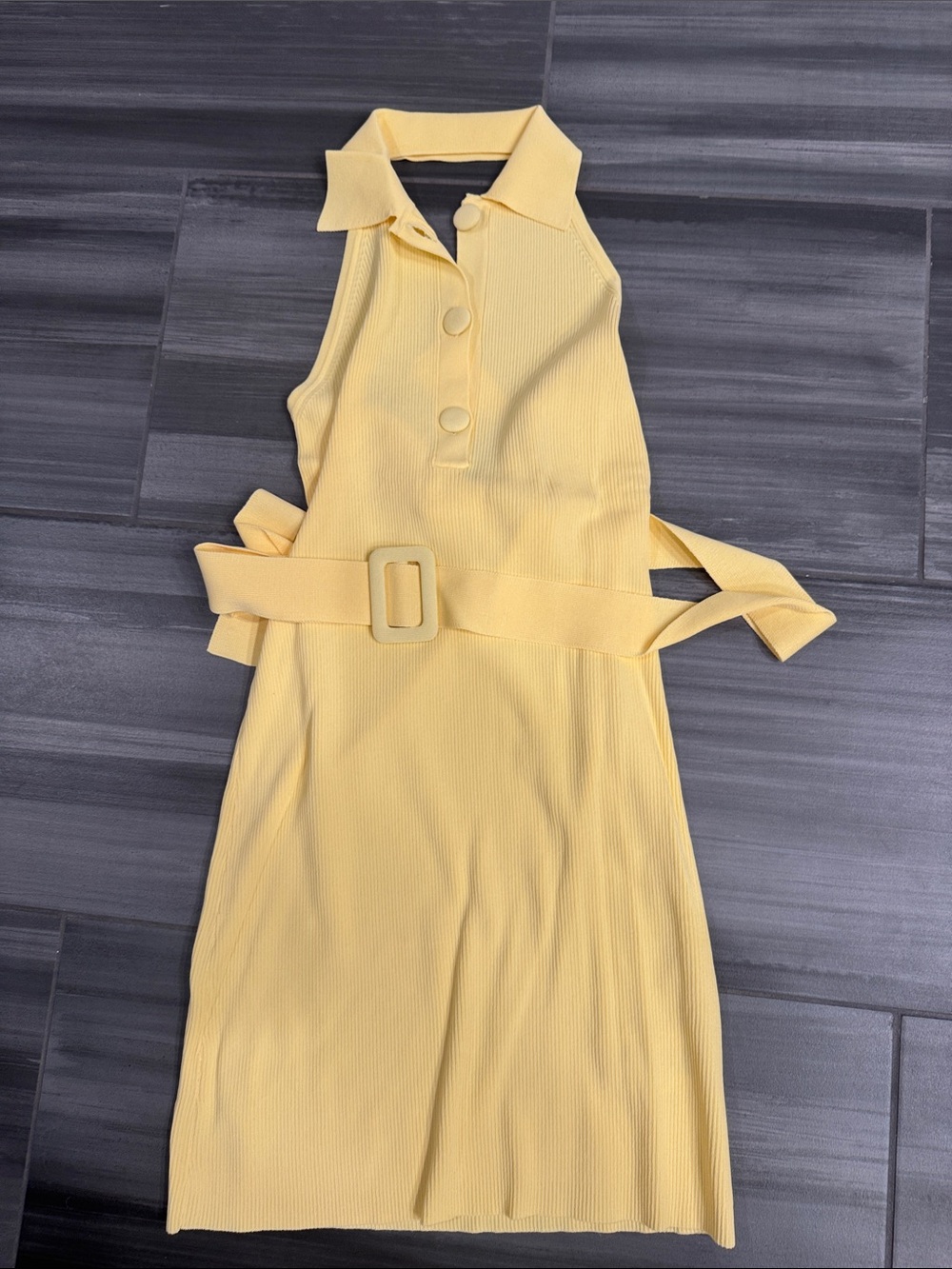 Anthropologie Yellow Ribbed Halter Midi Dress with Belt